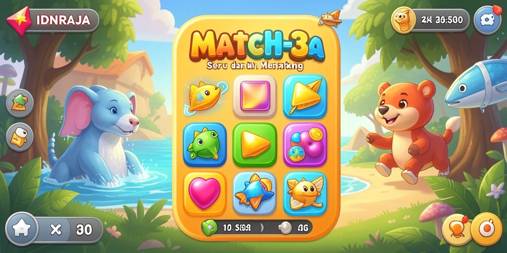 Screenshot gameplay IDNRAJA menunjukkan keseruan permainan Match-3 yang menantang.